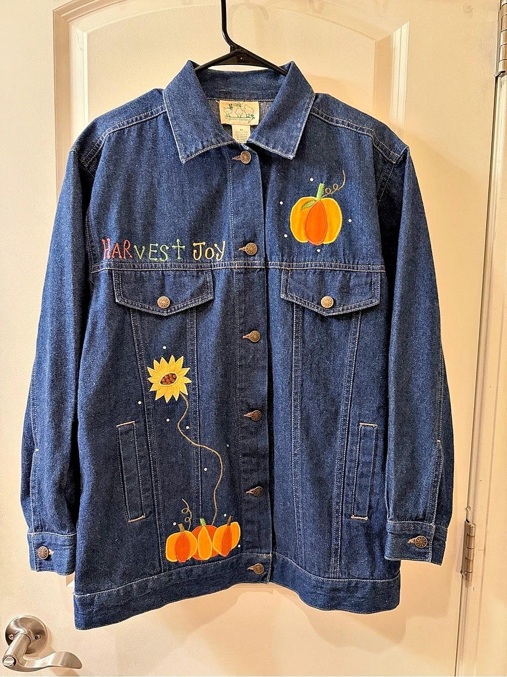 The Quacker Factory Harvest Joy Scarecrow Pumpkin Denim Jacket Blue Medium